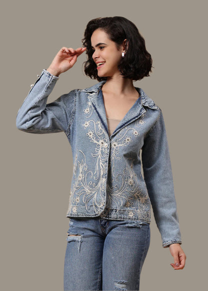 Gaiia Embroided Denim Blazer - Blue