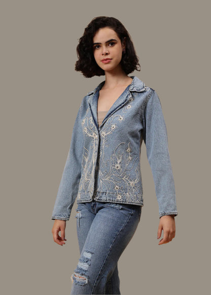 Gaiia Embroided Denim Blazer - Blue