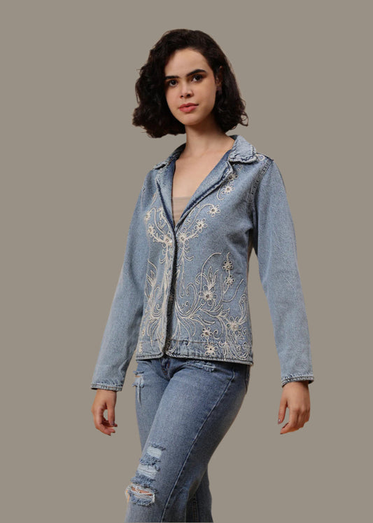 Gaiia Embroided Denim Blazer - Blue