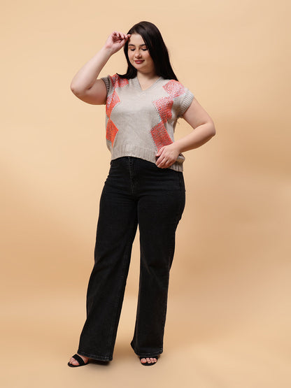 Gaiia Sleeveless V Neck Sweater With Print - Orange