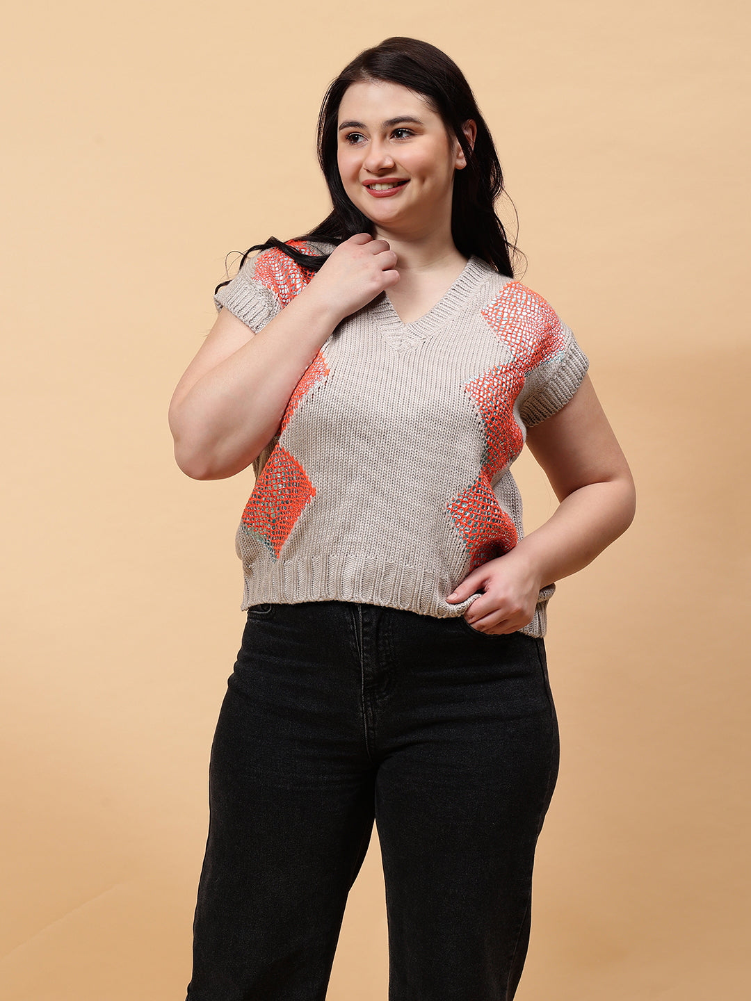 Gaiia Sleeveless V Neck Sweater With Print - Orange