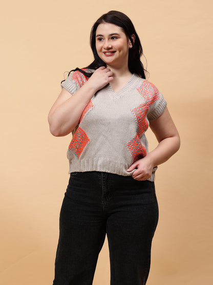 Gaiia Sleeveless V Neck Sweater With Print - Orange