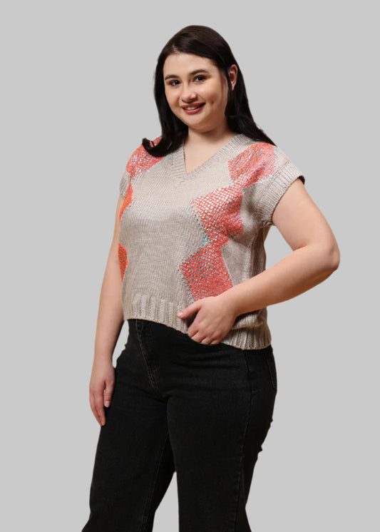 Sleeveless V Neck Sweater With Orange Print