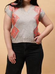 Sleeveless V Neck Sweater With Orange Print