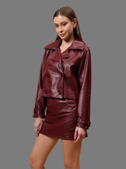 Gaiia Leather Double Breasted Trench Jacket - Cherry