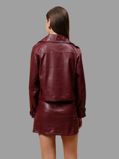 Gaiia Leather Double Breasted Trench Jacket - Cherry