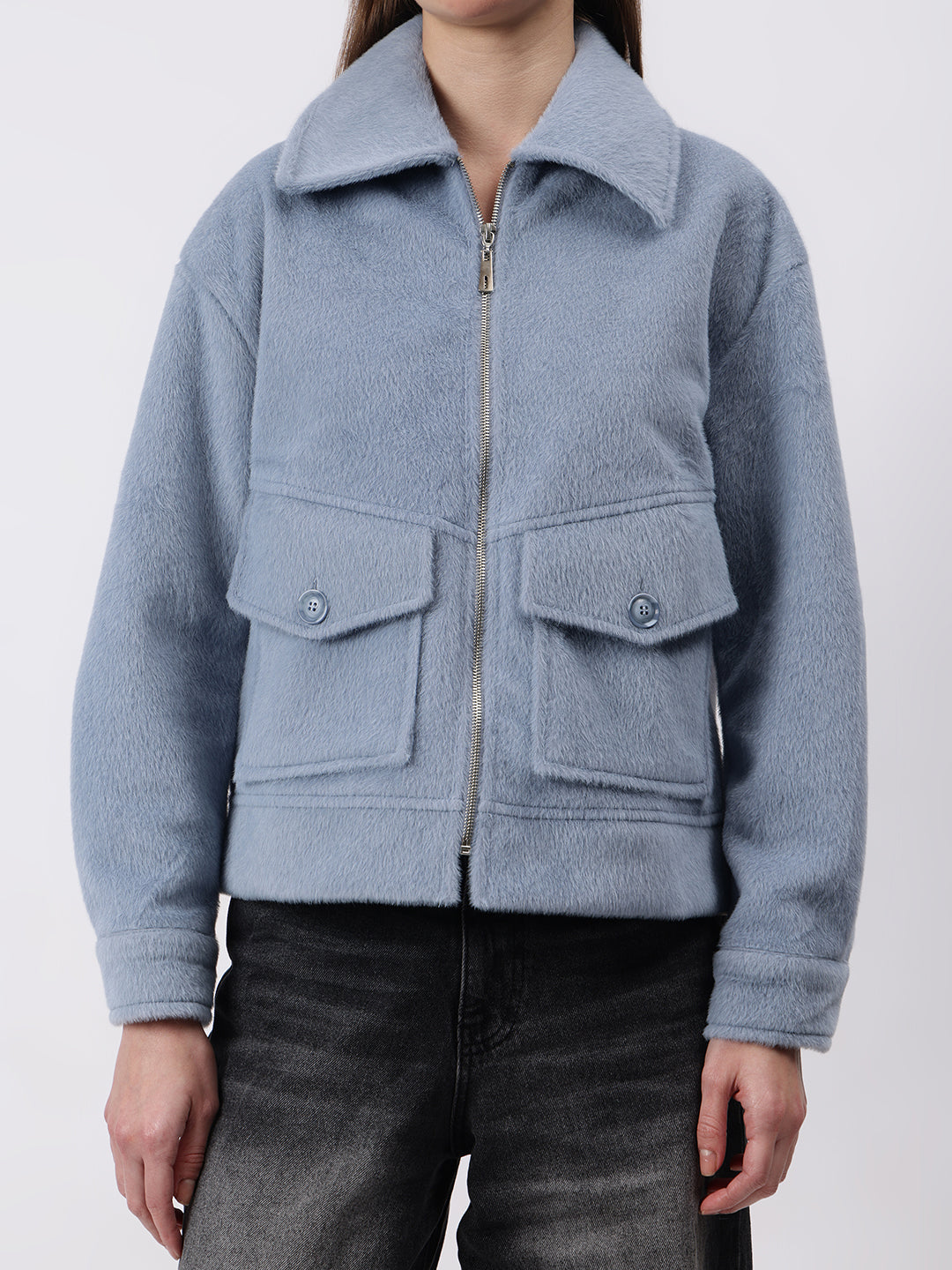 Gaiia Spread Collar Solid Zipper Tailored Jacket