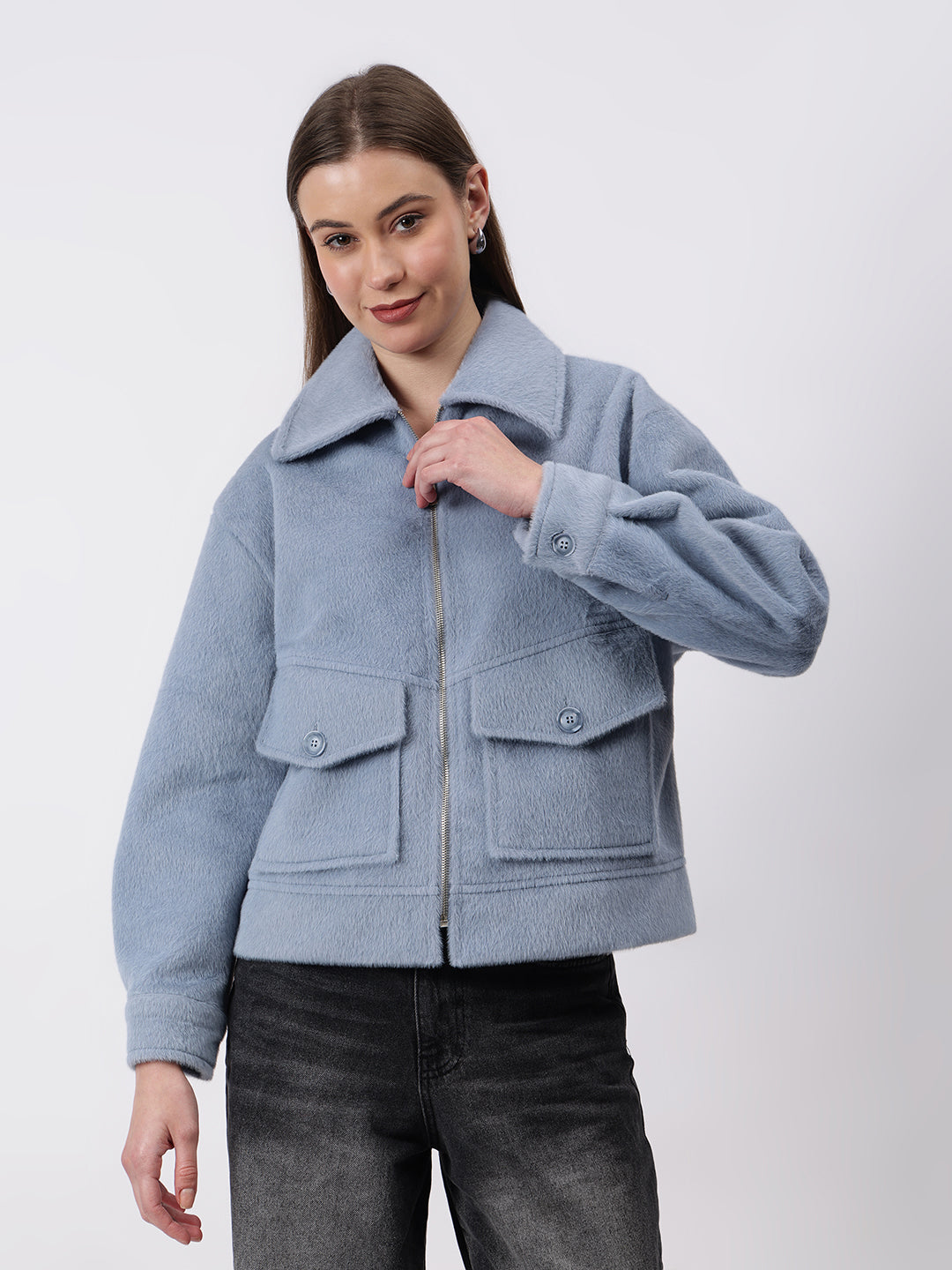 Gaiia Spread Collar Solid Zipper Tailored Jacket