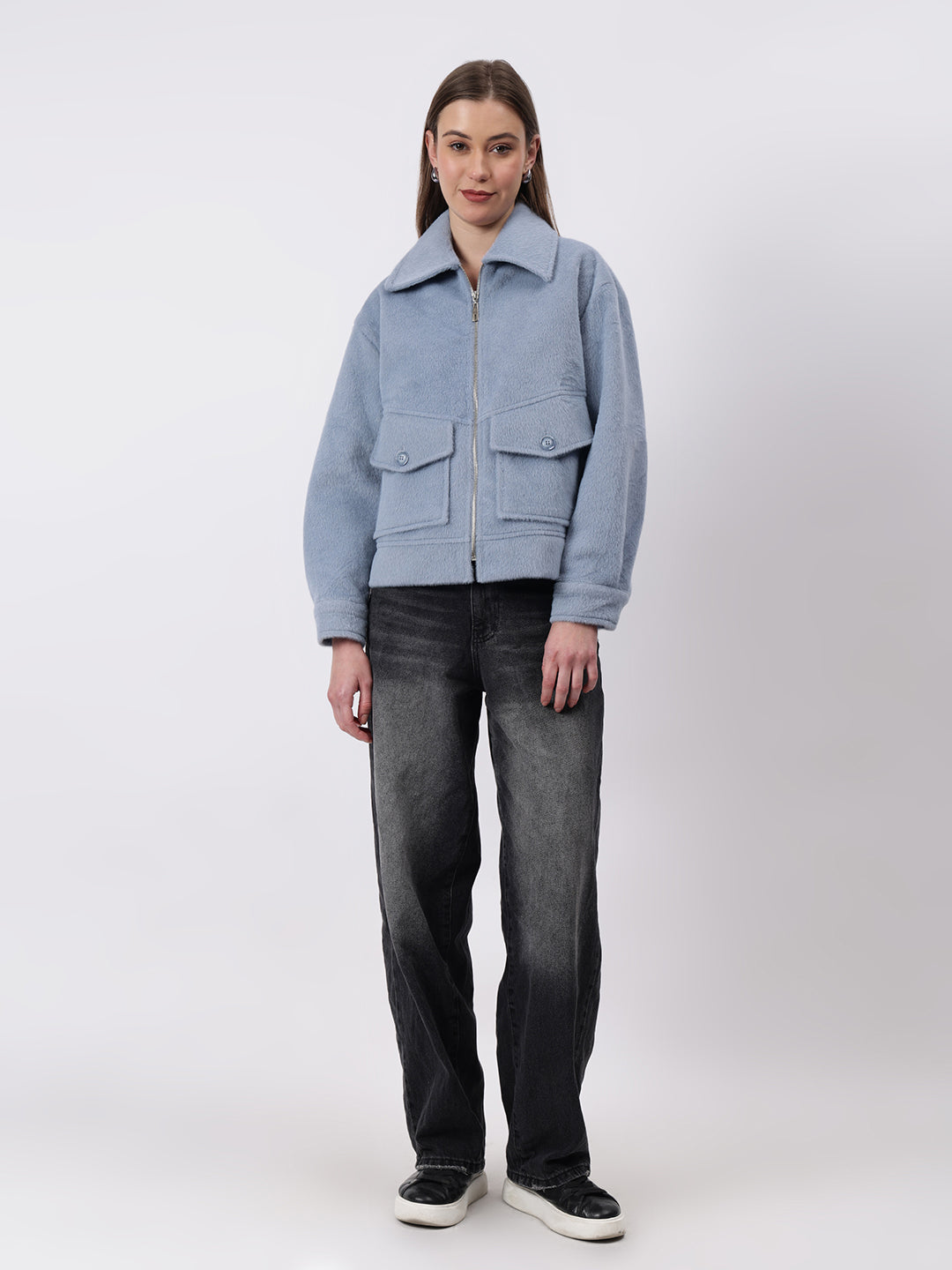 Gaiia Spread Collar Solid Zipper Tailored Jacket