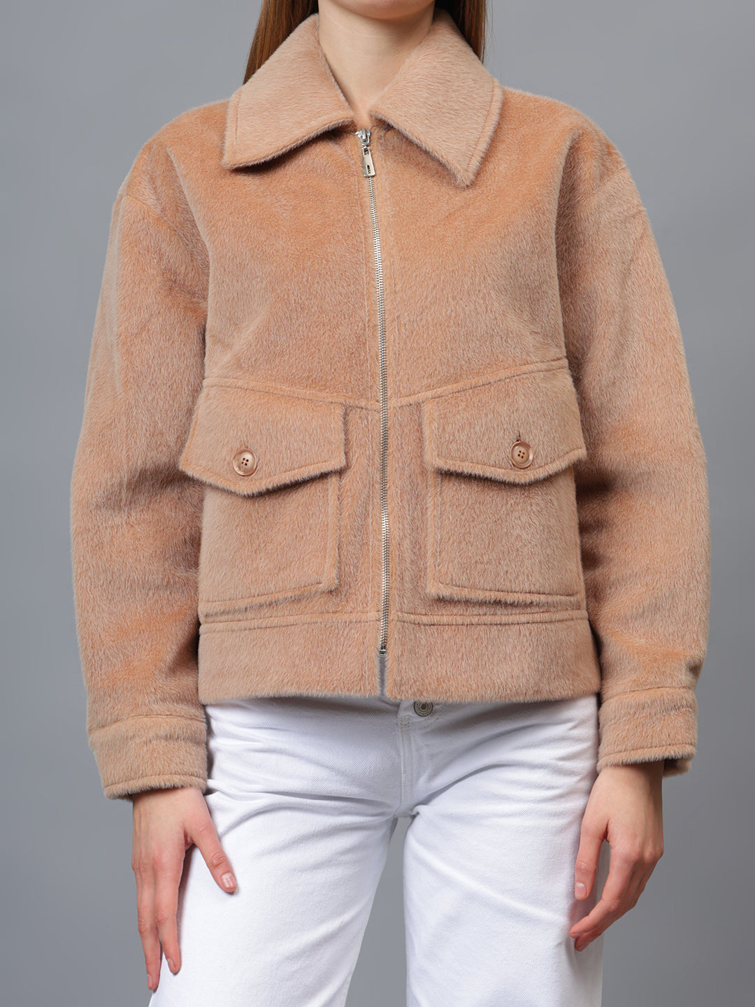 Gaiia Spread Collar Solid Zipper Tailored Jacket