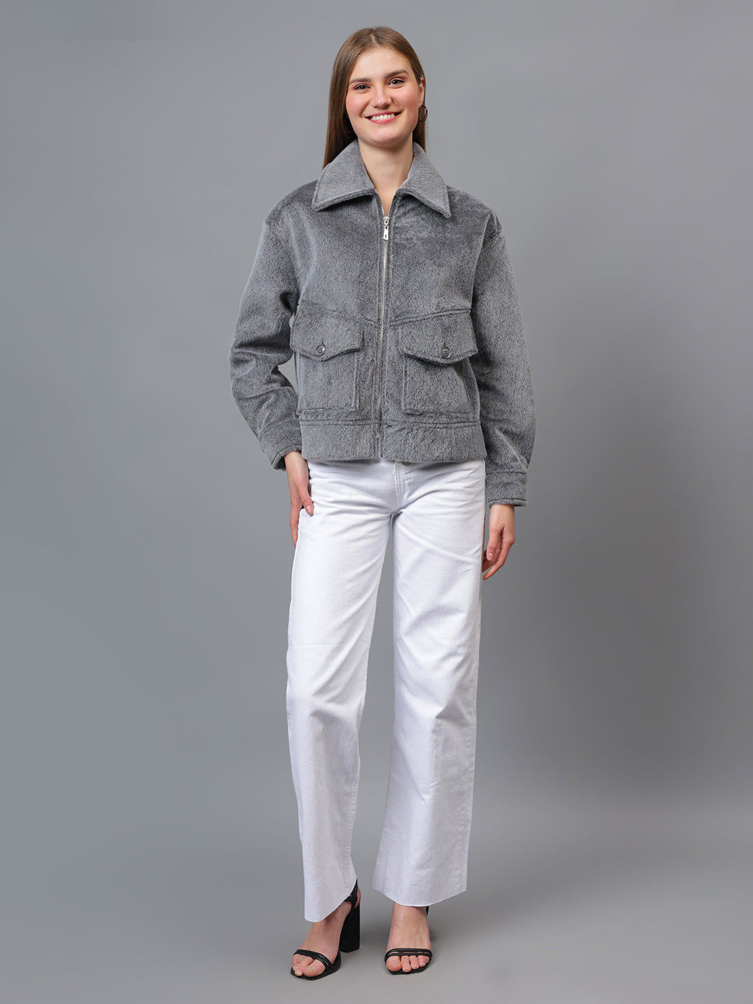 Gaiia Spread Collar Solid Zipper Tailored Jacket