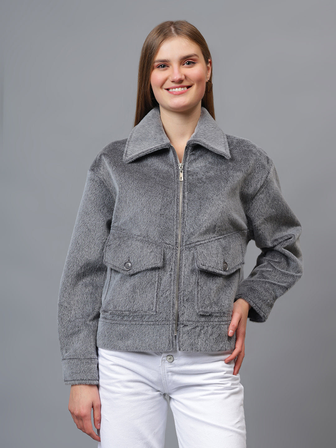 Gaiia Spread Collar Solid Zipper Tailored Jacket