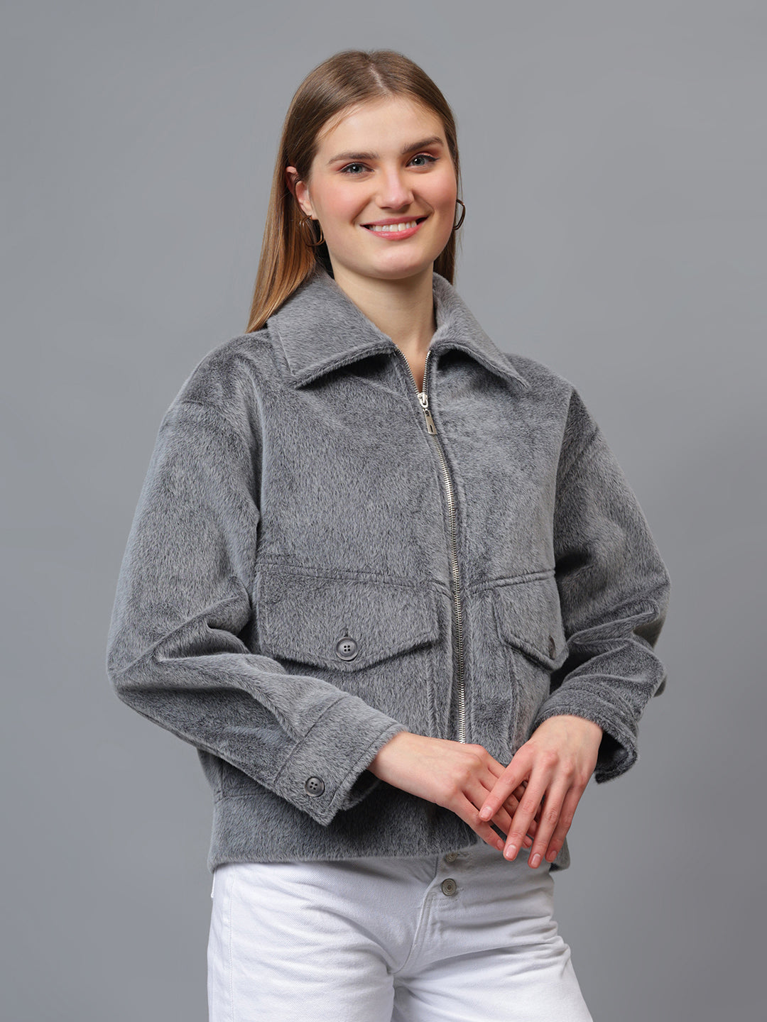 Gaiia Spread Collar Solid Zipper Tailored Jacket