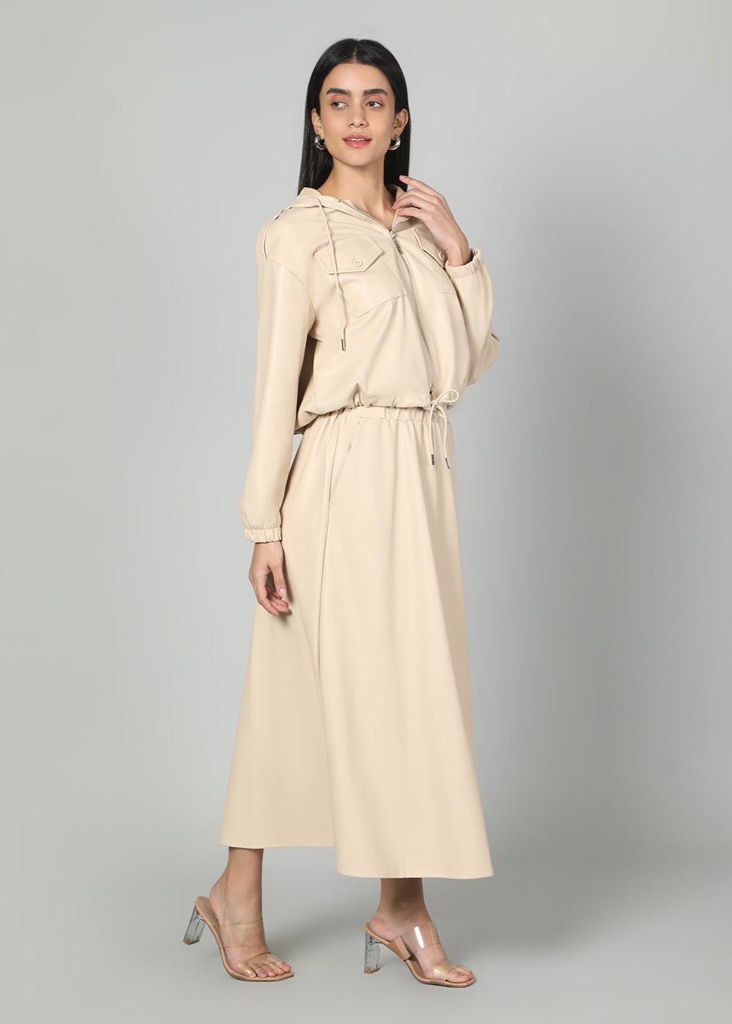 Gaiia Faux Leather Skirt Co-Ord Set - Brown