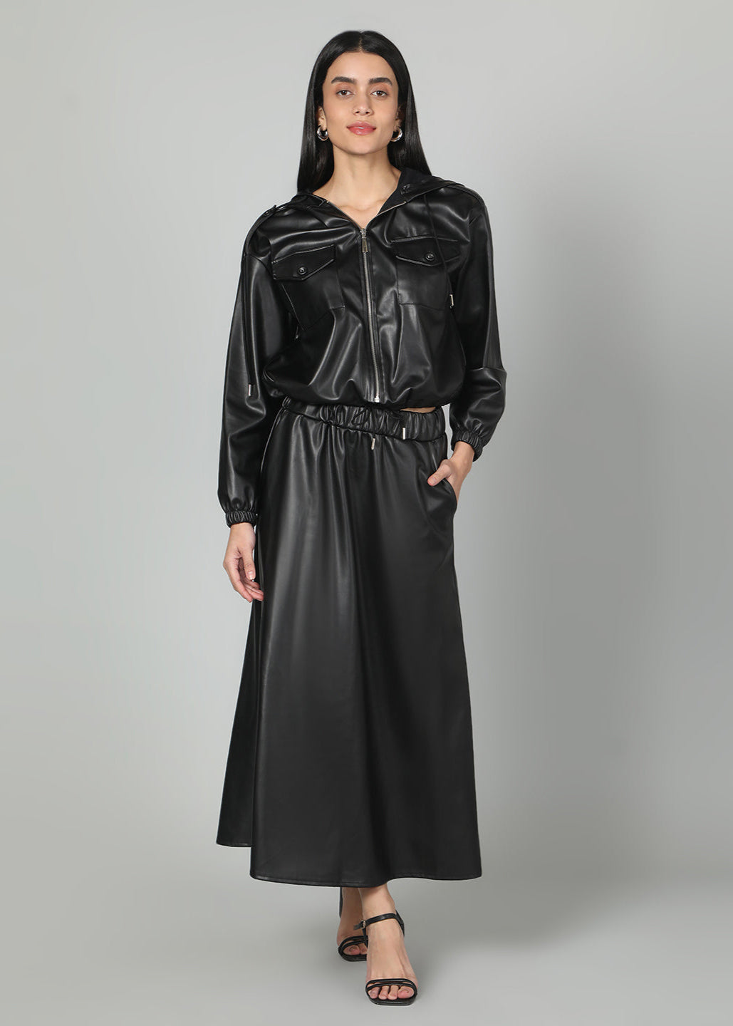 Gaiia Faux Leather Skirt Co-Ord Set - Brown