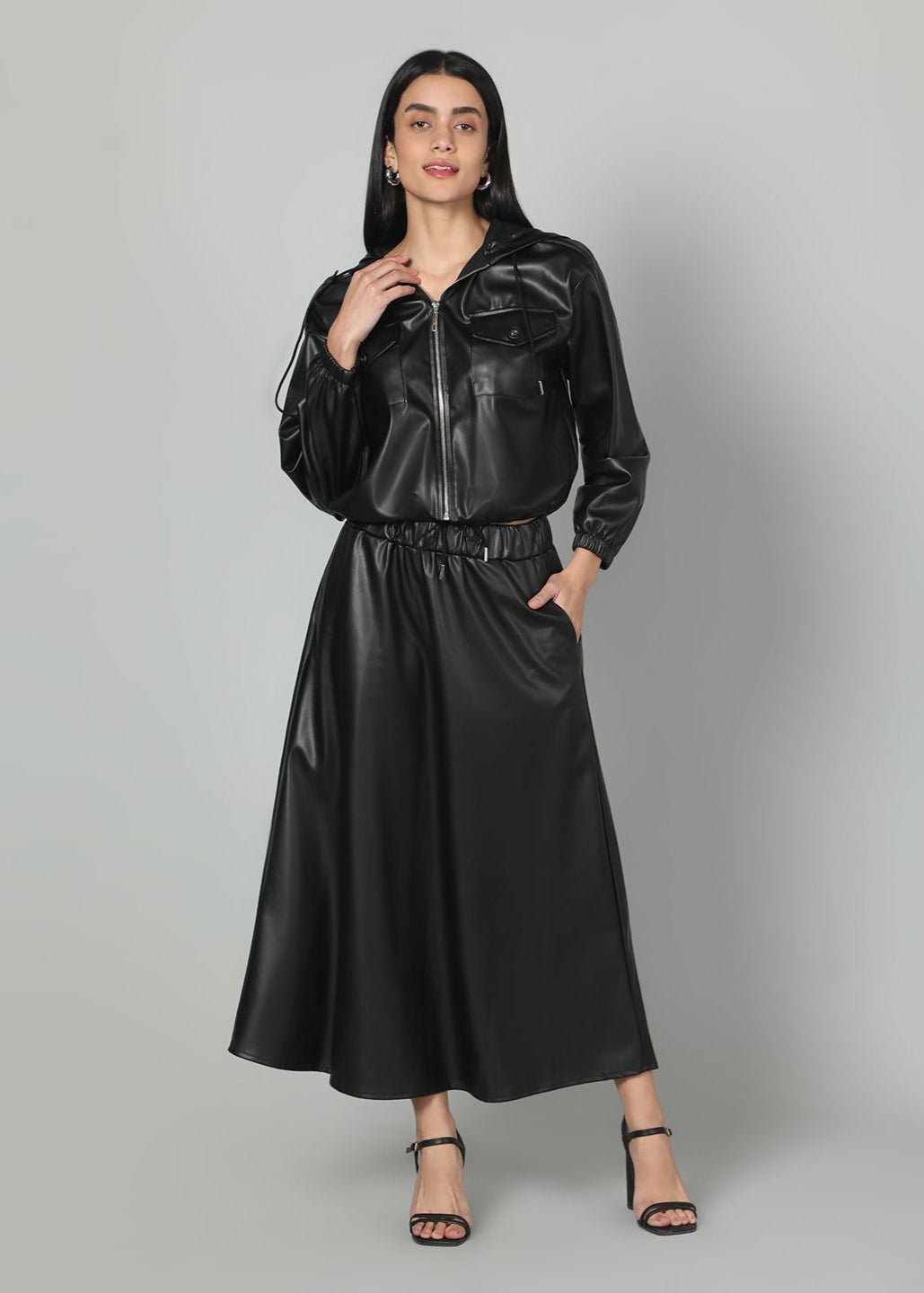 Gaiia Faux Leather Skirt Co-Ord Set - Brown