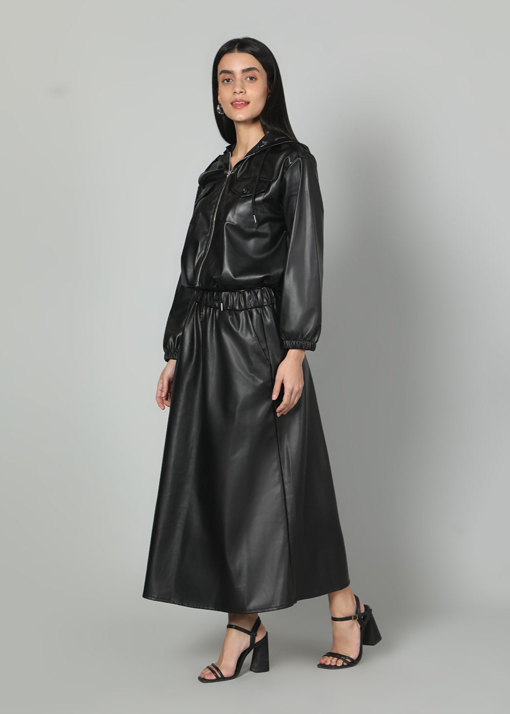 Gaiia Faux Leather Skirt Co-Ord Set - Brown