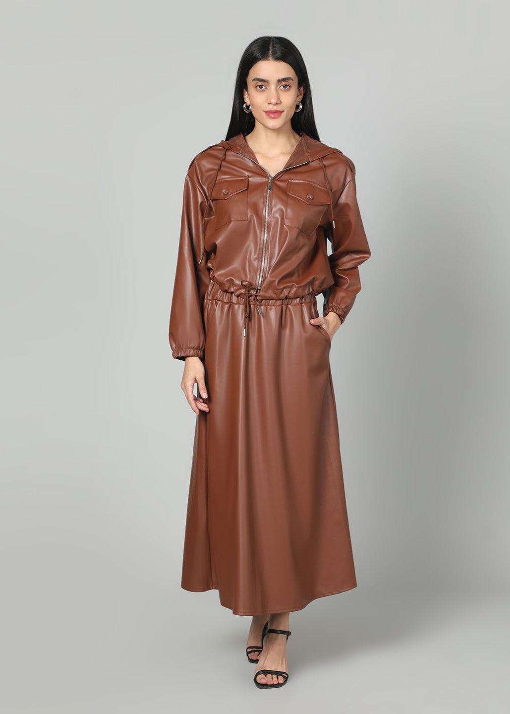 Gaiia Faux Leather Skirt Co-Ord Set - Brown