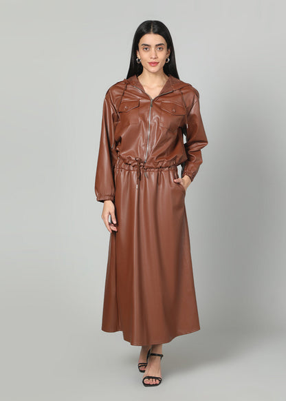 Gaiia Faux Leather Skirt Co-Ord Set - Brown