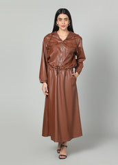 Gaiia Faux Leather Skirt Co-Ord Set - Brown