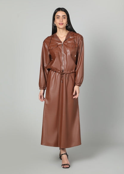 Gaiia Faux Leather Skirt Co-Ord Set - Brown