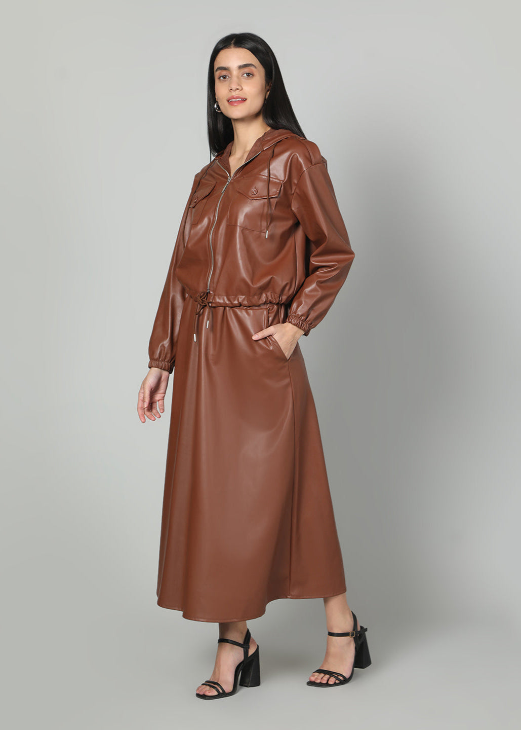 Gaiia Faux Leather Skirt Co-Ord Set - Brown