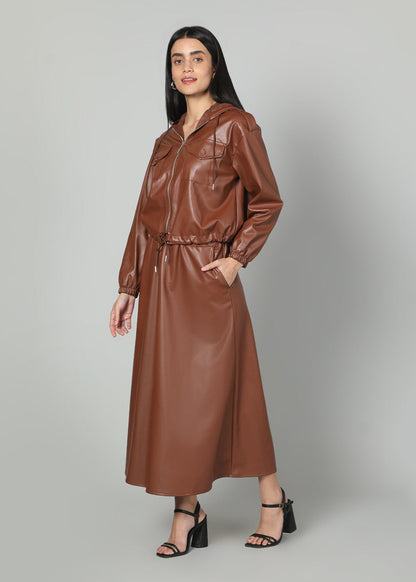 Gaiia Faux Leather Skirt Co-Ord Set - Brown