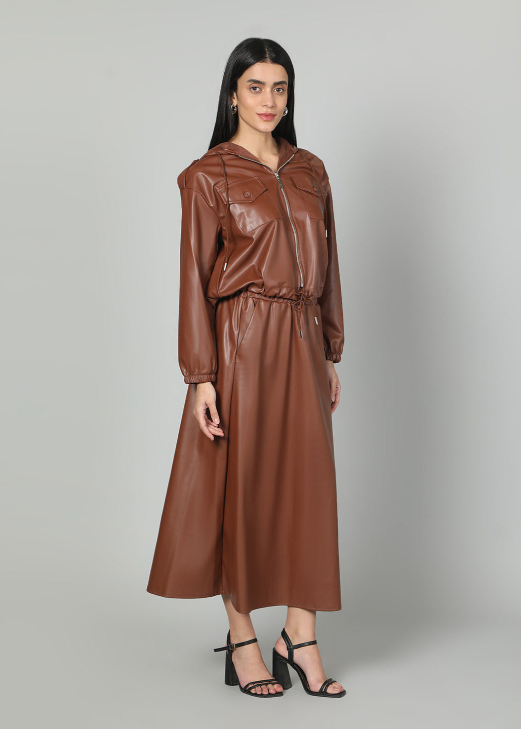 Gaiia Faux Leather Skirt Co-Ord Set - Brown