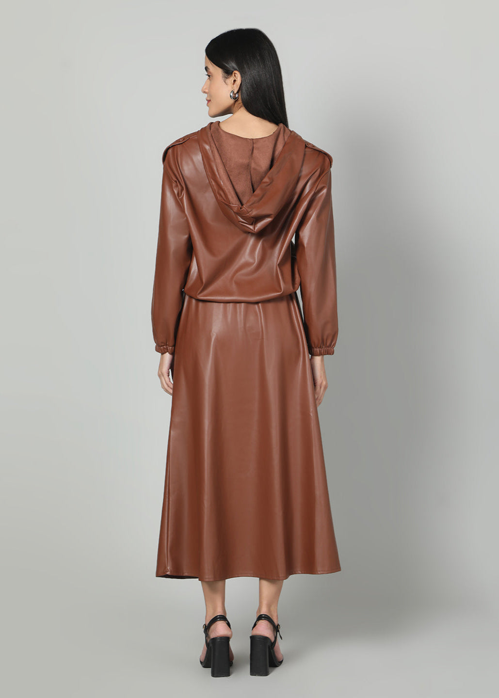 Gaiia Faux Leather Skirt Co-Ord Set - Brown