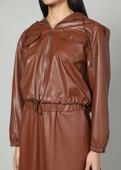 Gaiia Faux Leather Skirt Co-Ord Set - Brown