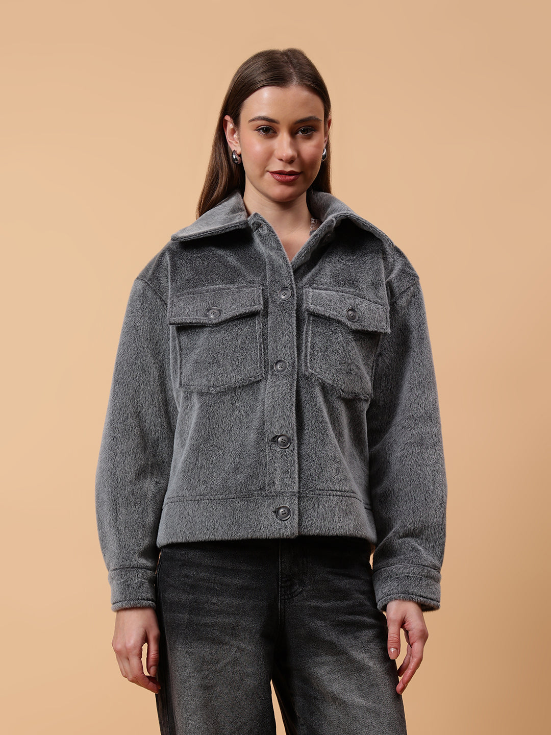 Gaiia Spread Collar Solid Buttoned Shacket