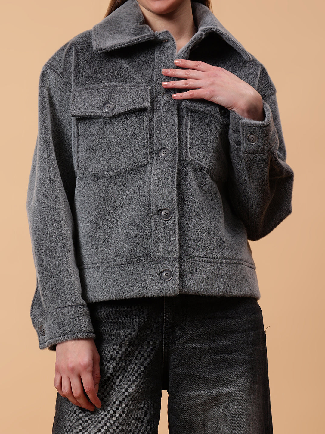 Gaiia Spread Collar Solid Buttoned Shacket