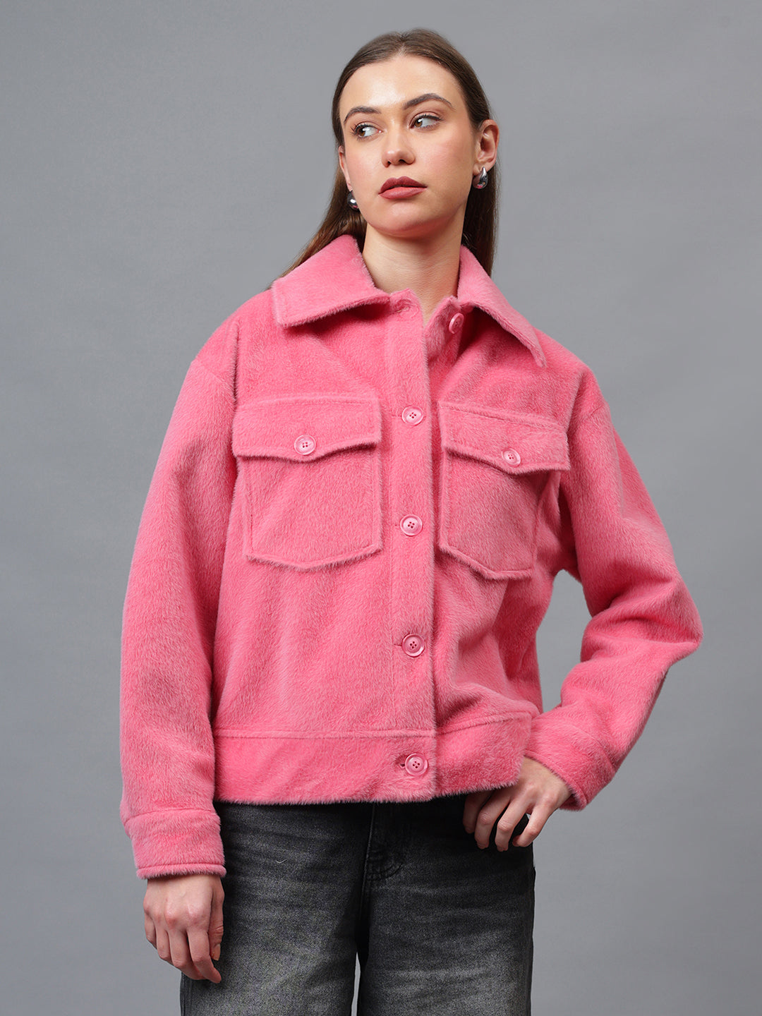 Gaiia Spread Collar Solid Buttoned Shacket