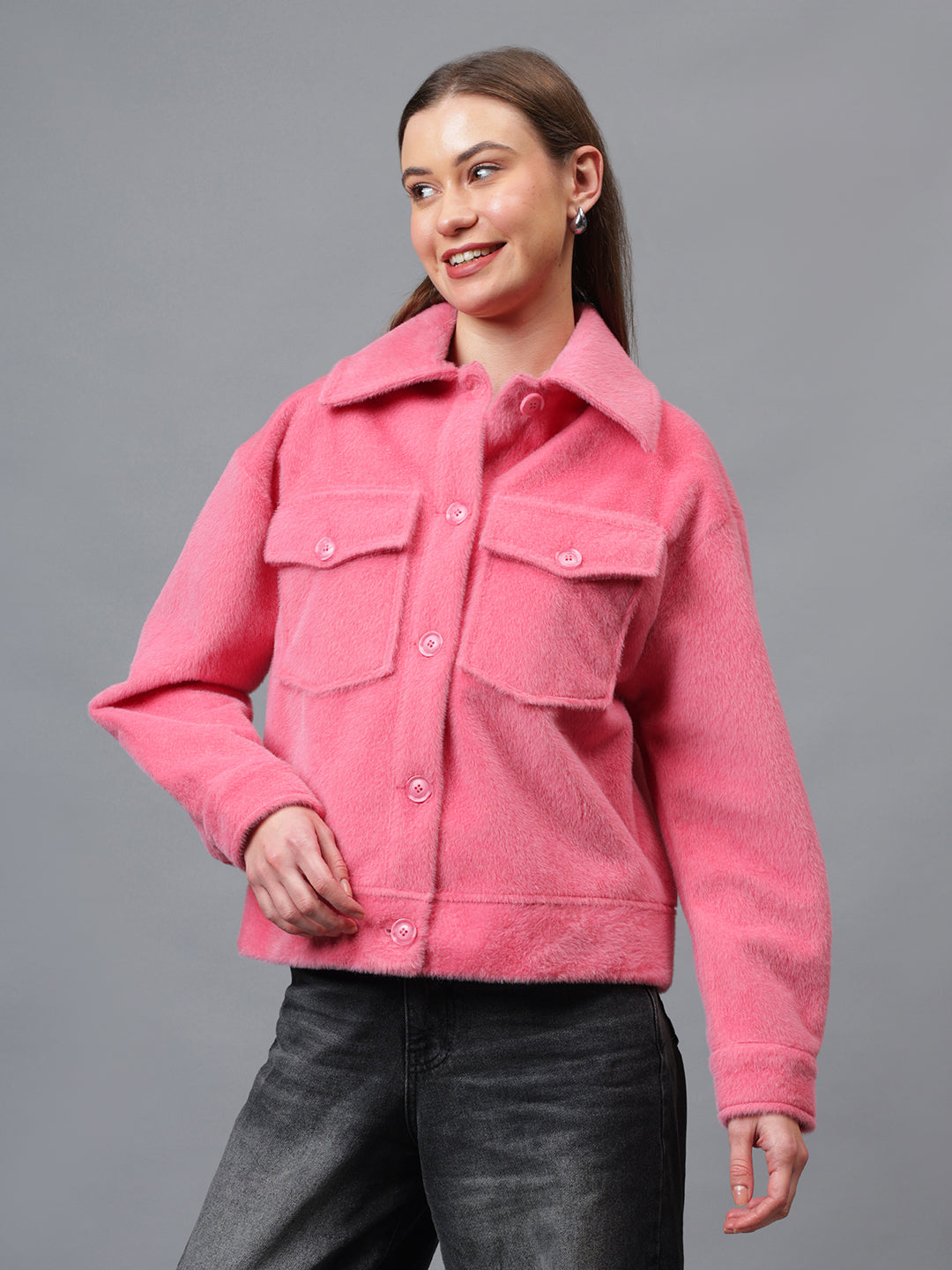 Gaiia Spread Collar Solid Buttoned Shacket