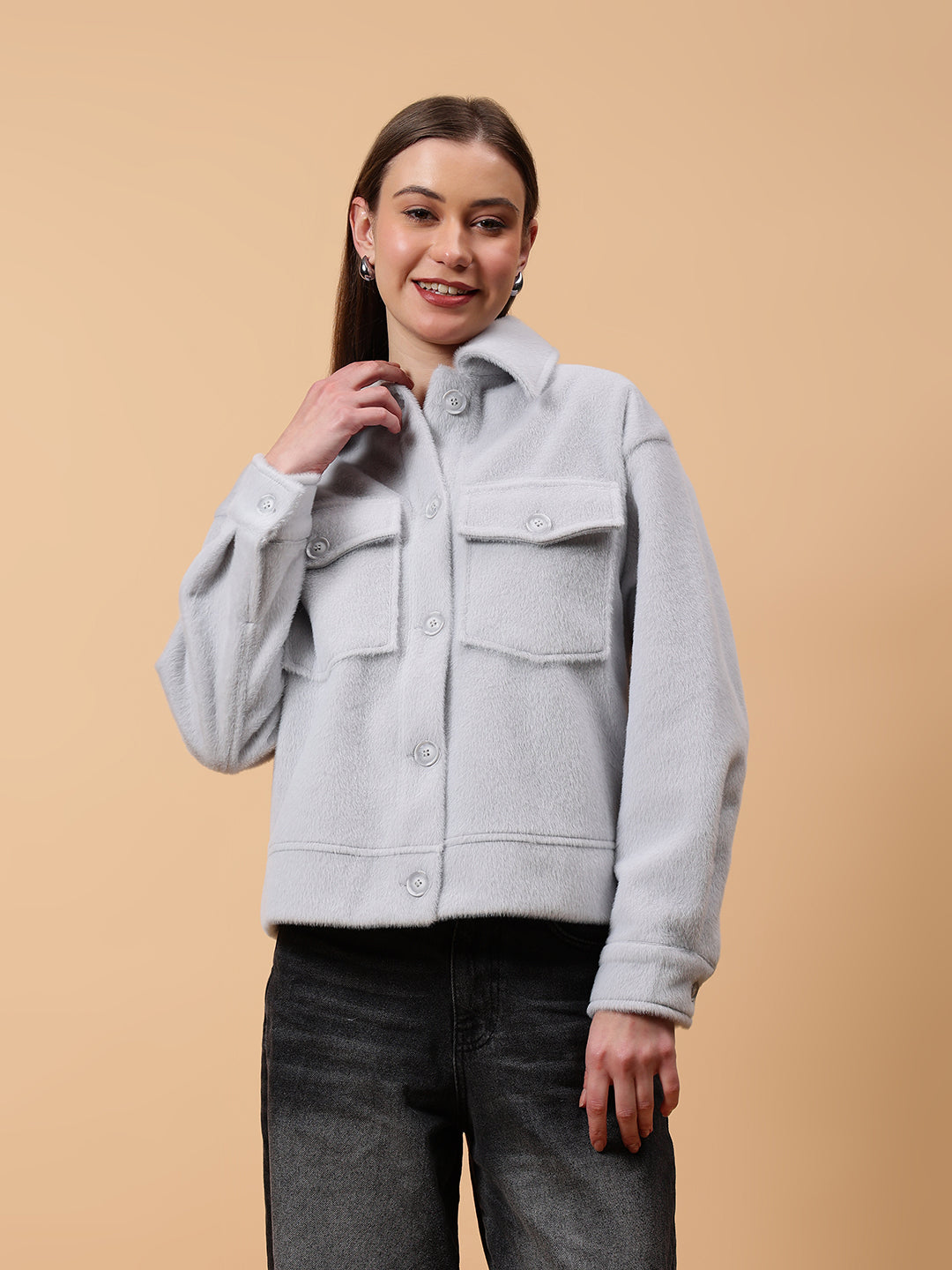 Gaiia Spread Collar Solid Buttoned Shacket