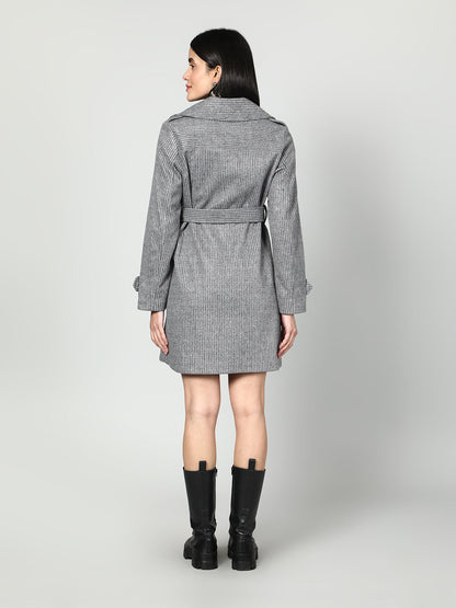 Gaiia Single Breasted Self Striped Zipper Coat - Grey