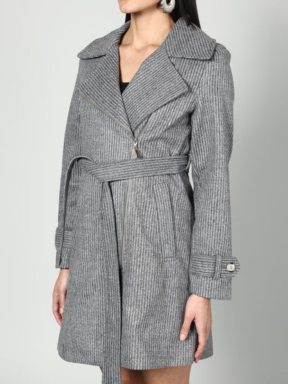 Gaiia Single Breasted Self Striped Zipper Coat - Grey