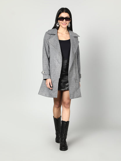 Gaiia Single Breasted Self Striped Zipper Coat - Grey