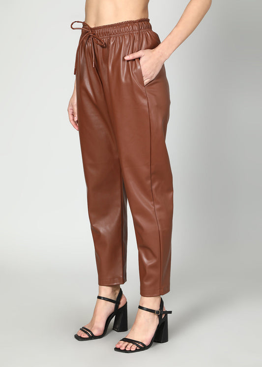 Faux Leather Trousers With Elasticated Waist