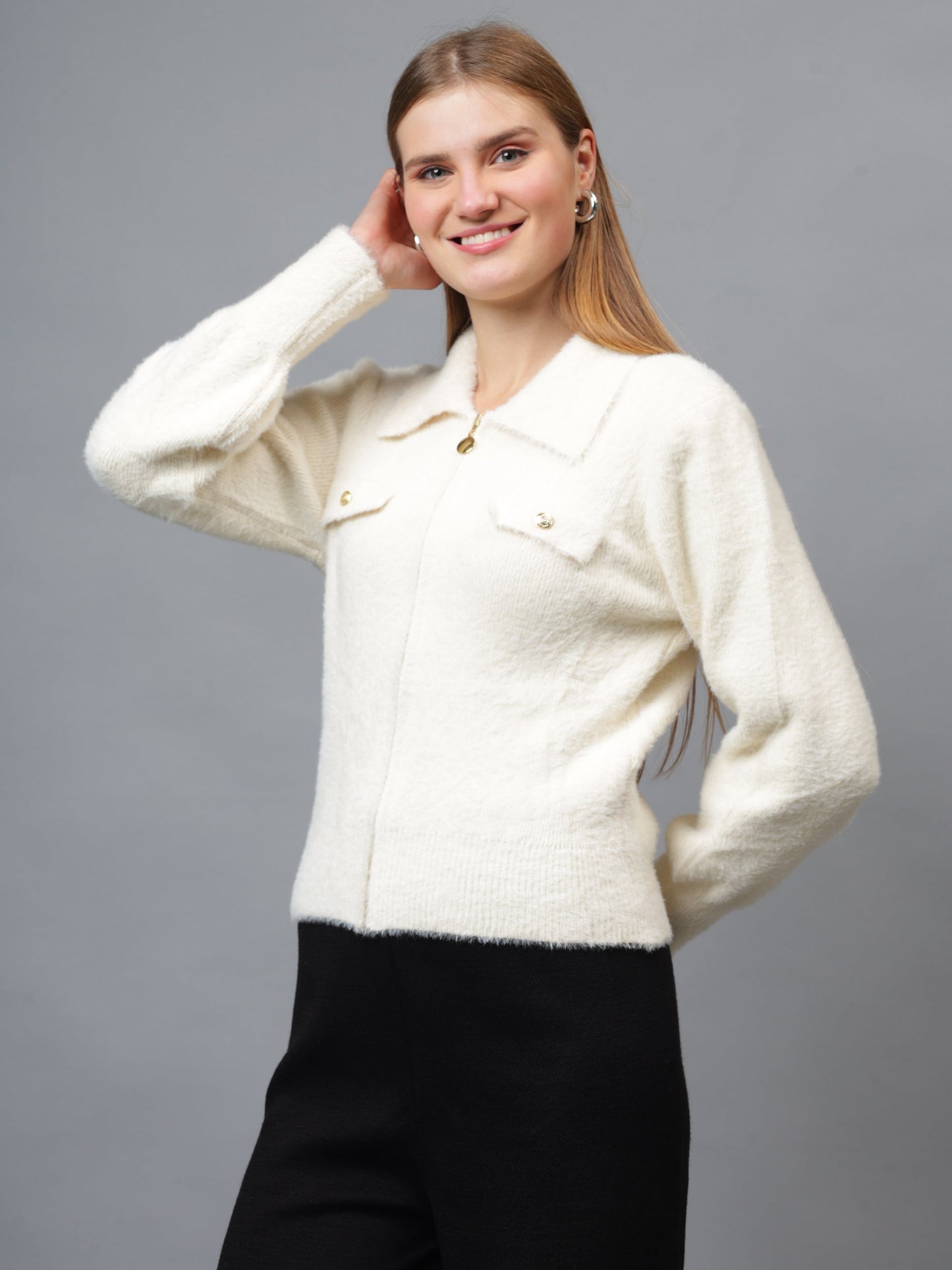 Gaiia Women Woolen Zipper Cardigan