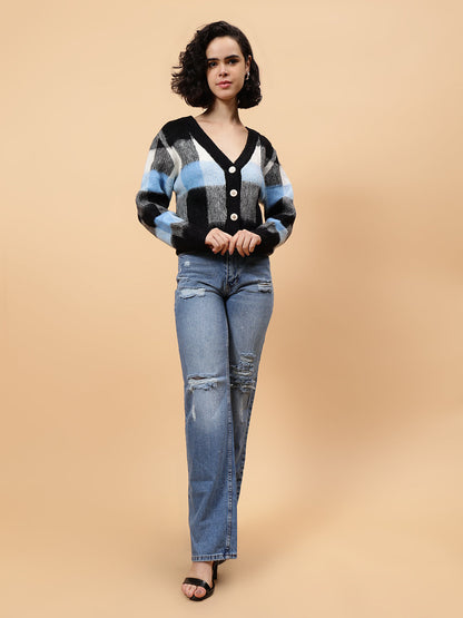 Gaiia Women Checkered V-Neck Cardigan