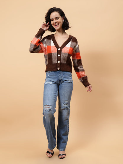 Gaiia Women Checkered V-Neck Cardigan