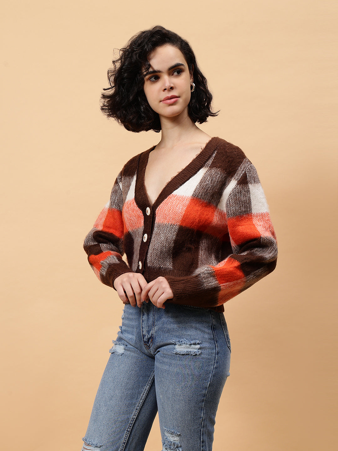 Gaiia Women Checkered V-Neck Cardigan