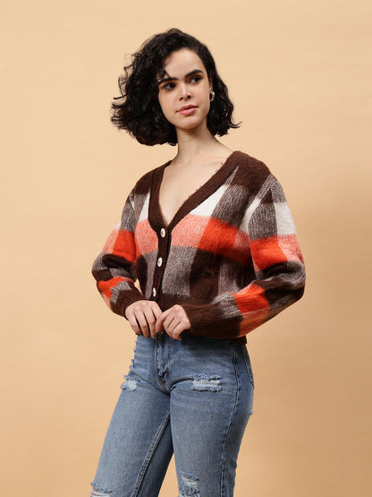 Gaiia Women Checkered V-Neck Cardigan