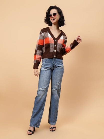 Gaiia Women Checkered V-Neck Cardigan