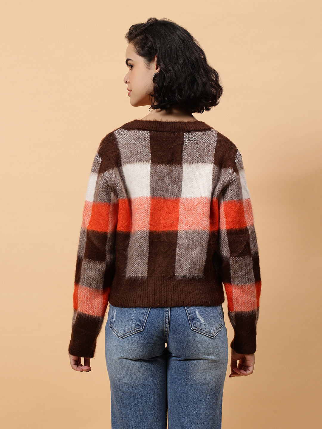 Gaiia Women Checkered V-Neck Cardigan