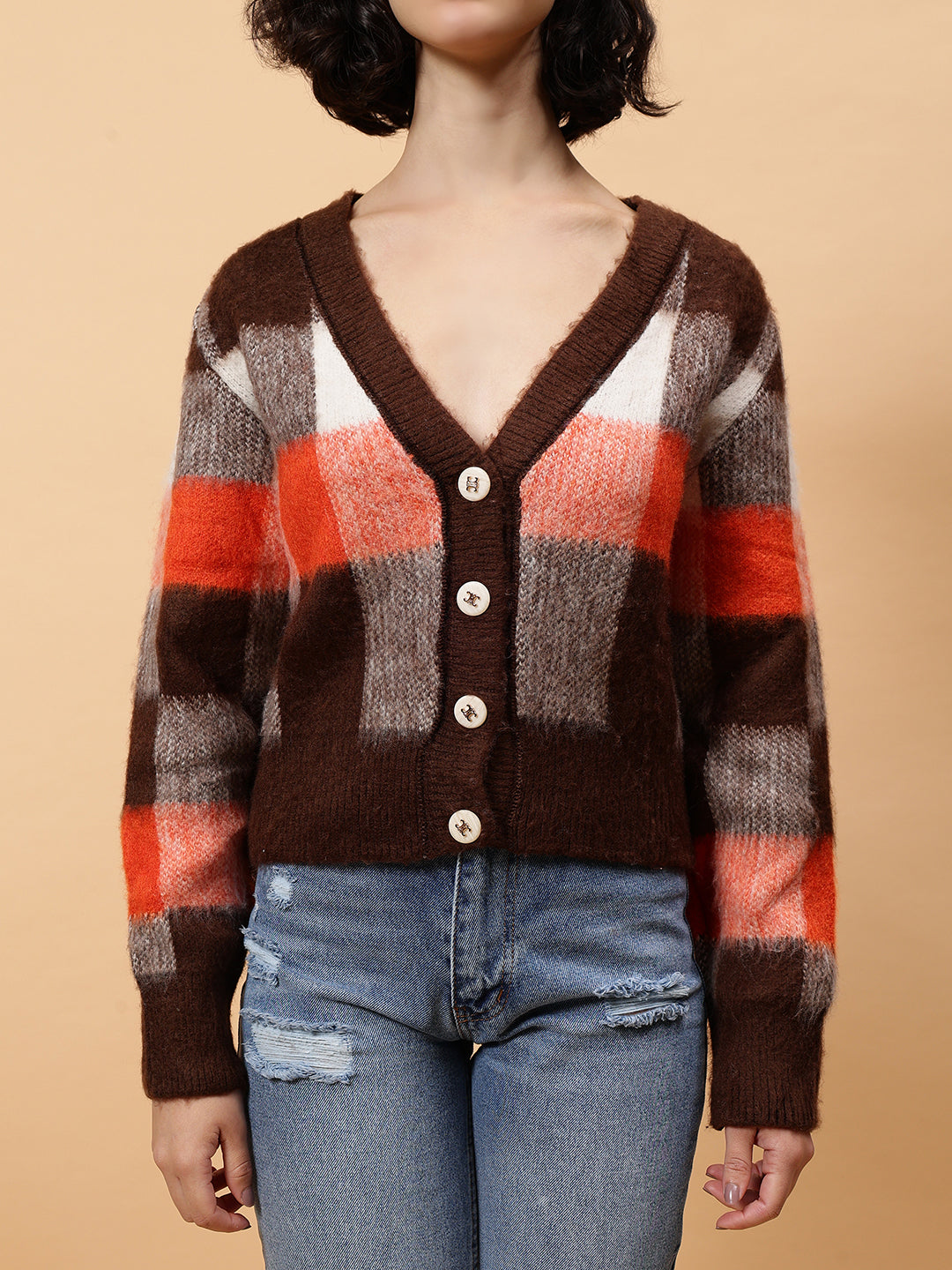 Gaiia Women Checkered V-Neck Cardigan