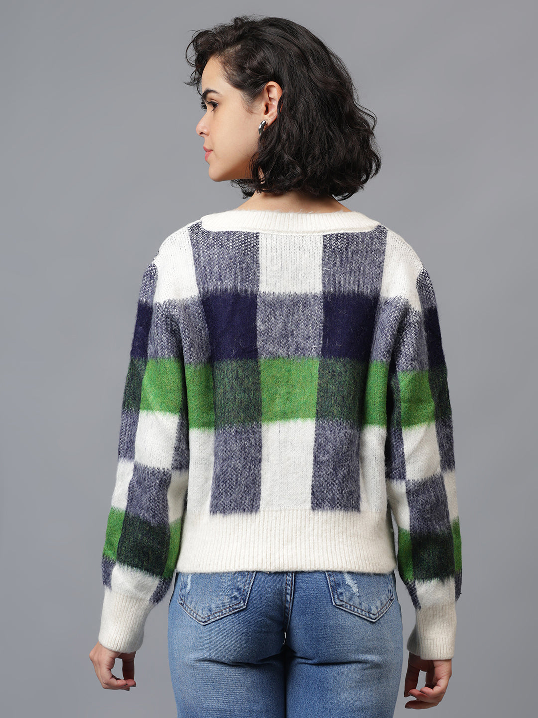 Gaiia Women Checkered V-Neck Cardigan