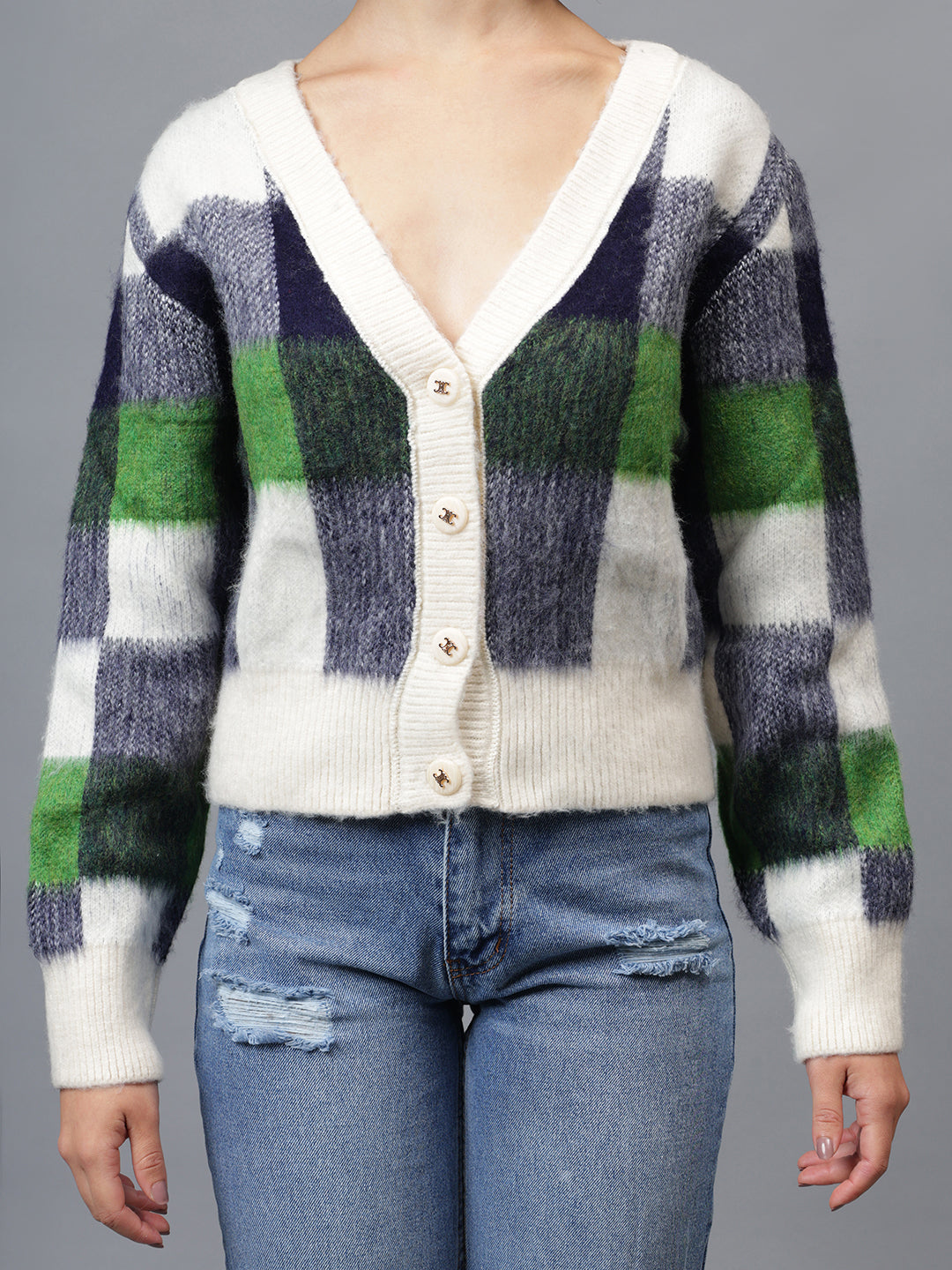 Gaiia Women Checkered V-Neck Cardigan