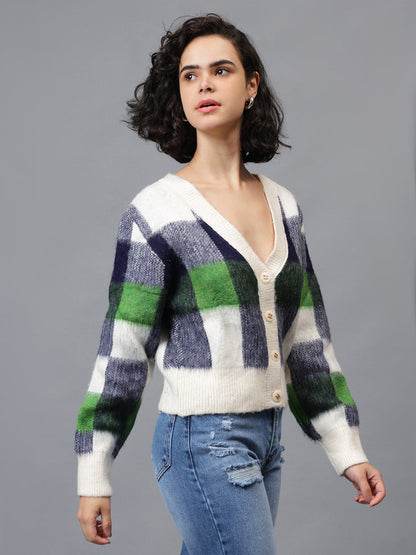 Gaiia Women Checkered V-Neck Cardigan